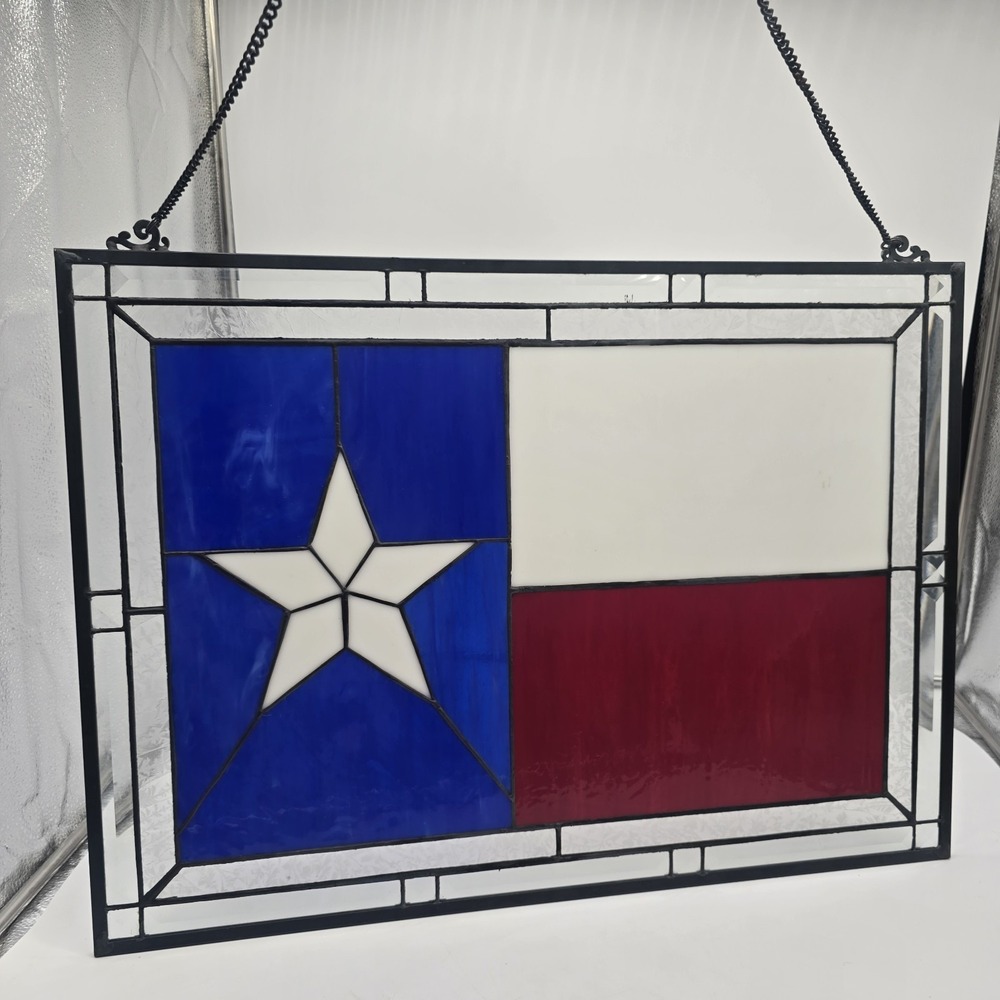 VTG Texas Flag Stained Glass Suncatcher  Handmade Lone Star State Window 18x25